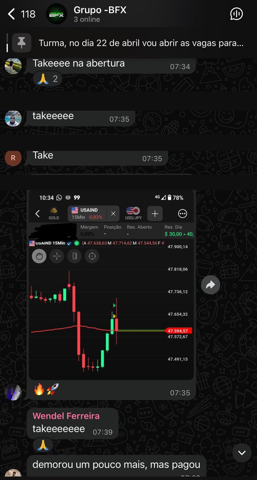 Resultado XAUUSD — operação sala ao vivo BFX